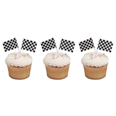 - Checkered White & Black Racing Flags -24pk Cupcake / Desert / Food Decoration Topper Picks with Favor Stickers & Sparkle Flakes