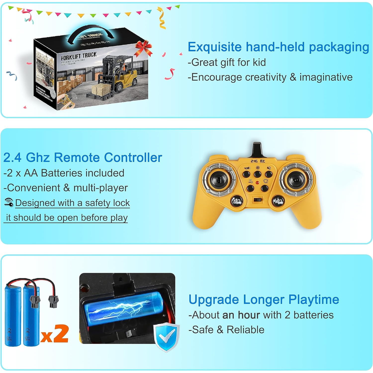 RC Forklift Truck, Remote Control Crane, Full Function Forklift RC Construction Toys Car, 2 Batteries, Spray, Light, Fork Crane Truck Toy Gift for Kids 6+