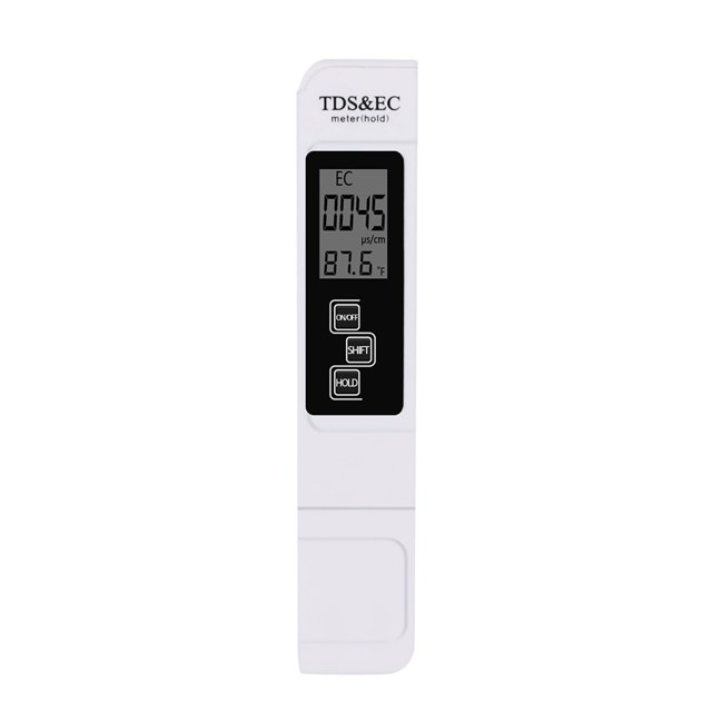 analizador de calidad del agua irfora 3 en 1 probador de calidad del agua medidor digital analizador de calidad del agua detector tds / ec / temperatura 5 minutos diseño de apagado automático / diseño blanco, vista frontal centrada de medidor portátil tipo pluma con pantalla LCD que muestra lecturas de EC y temperatura, tres botones (ON/OFF, SHIFT, HOLD), cubierta protectora inferior y carcasa plástica compacta; adecuado para medición de TDS, CE y temperatura en agua potable, acuarios y piscinas; suele usarse también como medidor portátil para pruebas rápidas de campo.