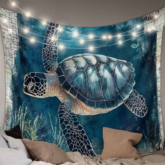 Nautical Sea Turtle Tapestry for Bedroom Wall Hanging Tapestry, Coastal Vintage Ocean Shells Ceiling Backdrop Tapestries Poster Blanket Wall Decor for Teens Room Living Room Dorm 59" x 90"