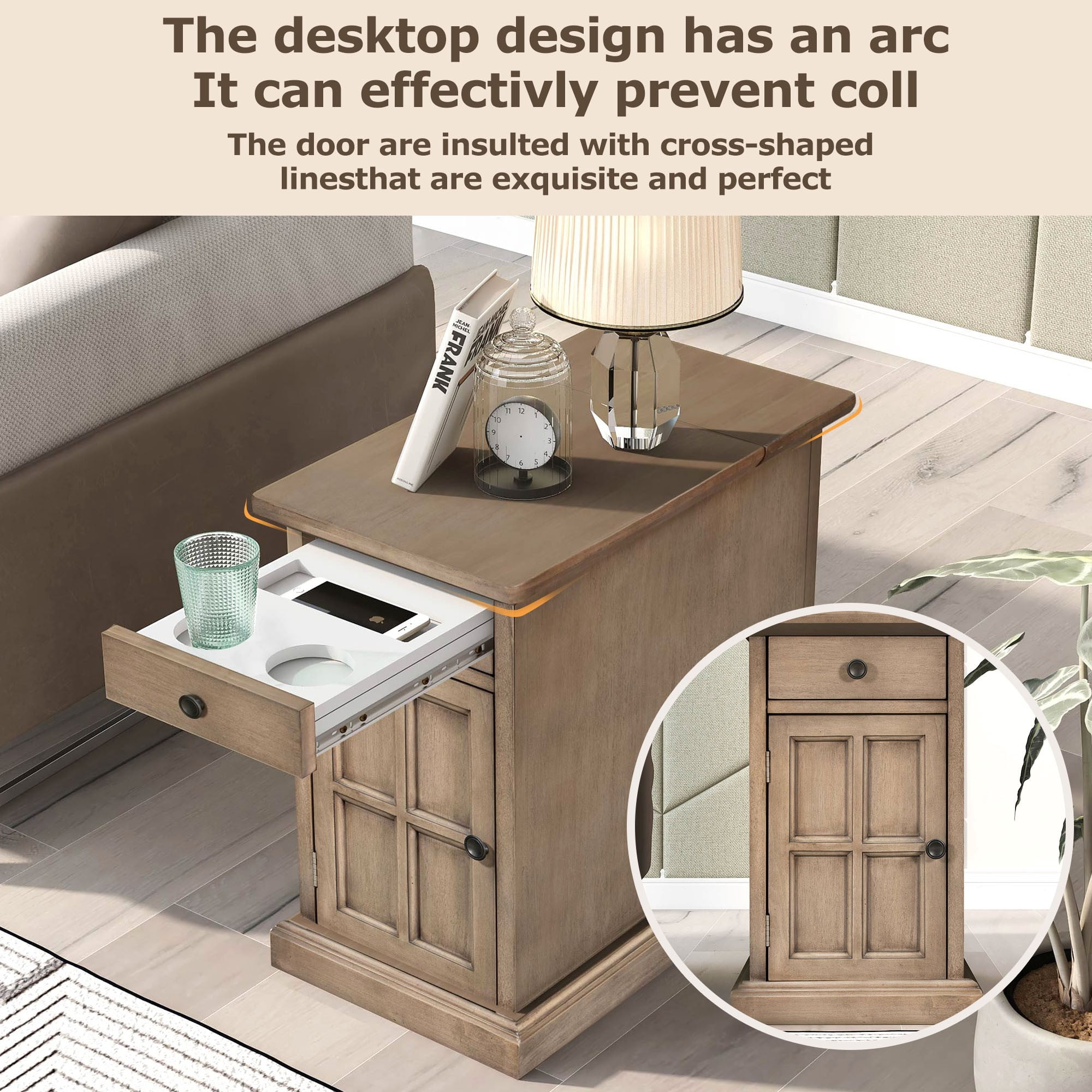 Aukfa Vintage End Table with USB Ports, Drawer, and Cup Holders - Narrow Sofa Side Table for Living Room and Bedroom - Antique Brown