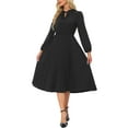 thumbnail image 1 of Vestido Midi A-Line de Manga Larga con Cinta en V Plisado para Mujer INSPIRE CHIC Talla XS Negro, 1 of 6
