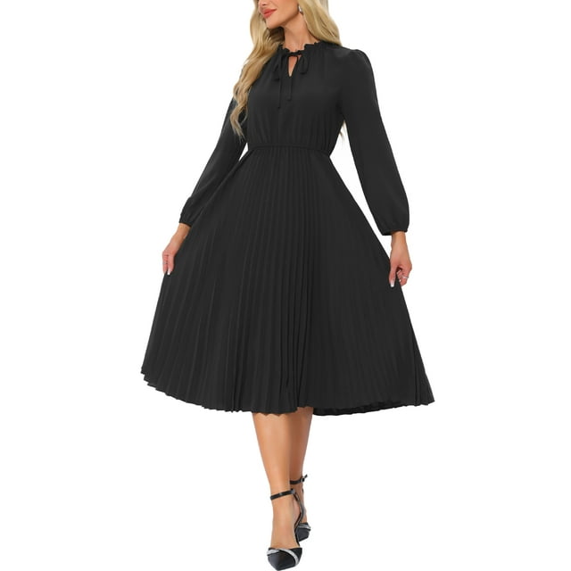Vestido Midi A-Line de Manga Larga con Cinta en V Plisado para Mujer INSPIRE CHIC Talla XS Negro