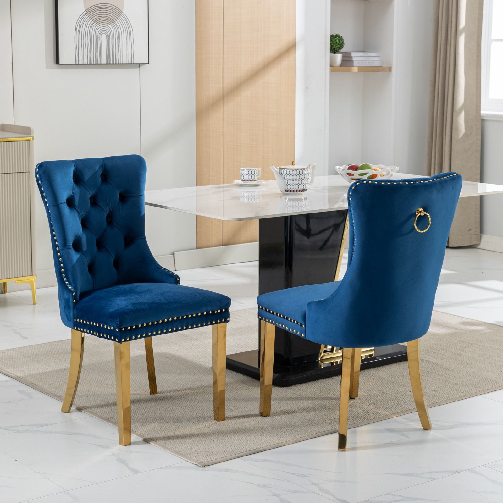 Dining Room Chairs with Velvet Fabric Dining Chairs with Golden Stainless Steel Plating Legs, Backrest and Button Velvet Fabric Design,Luxury Home Furniture for Dining Room(Blue Set of 4)
