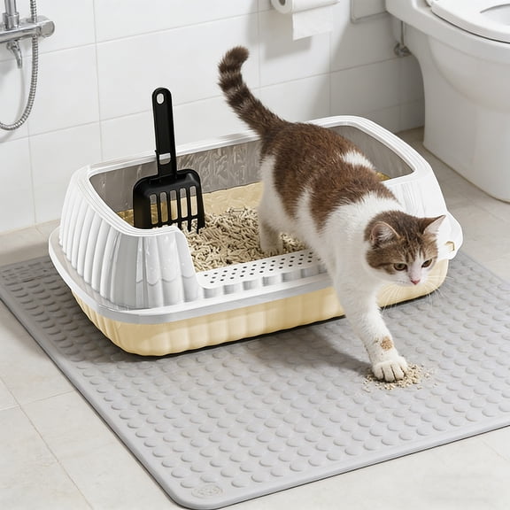 Semi-Enclosed Cat Litter Box with High Sides 48x32cm Splash Proof Litter Box Cat Toilet with Sifting Litter Scoop and Mat Anti Tracking Litter Tray for Indoor Cats Pet Bathroom Essential