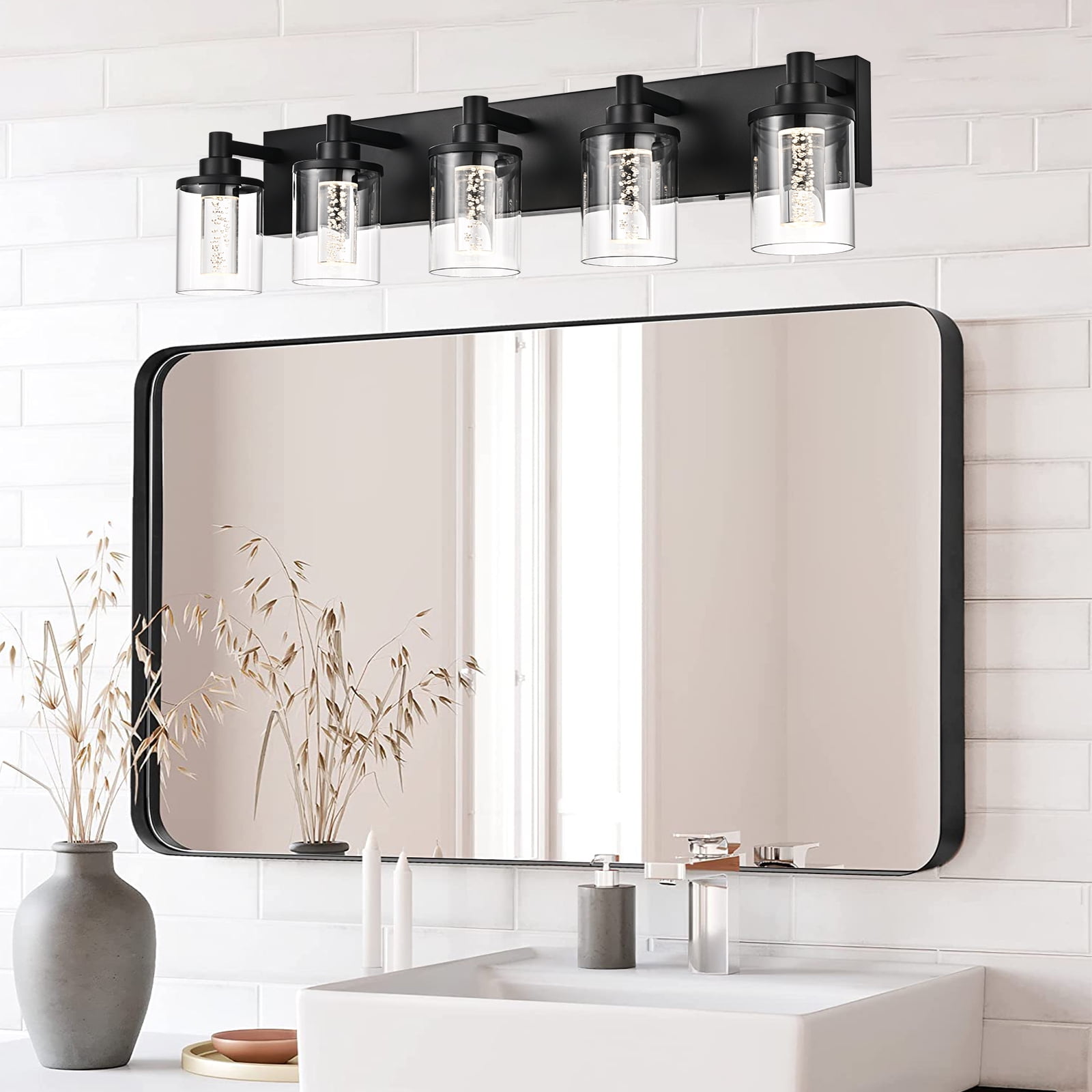Melucee 5CCT Dimmable LED Black Vanity Lights 5-light, Modern Vanity Lighting Fixtures with Crystal Light Columns and Clear Glass for Bathroom Bedroom