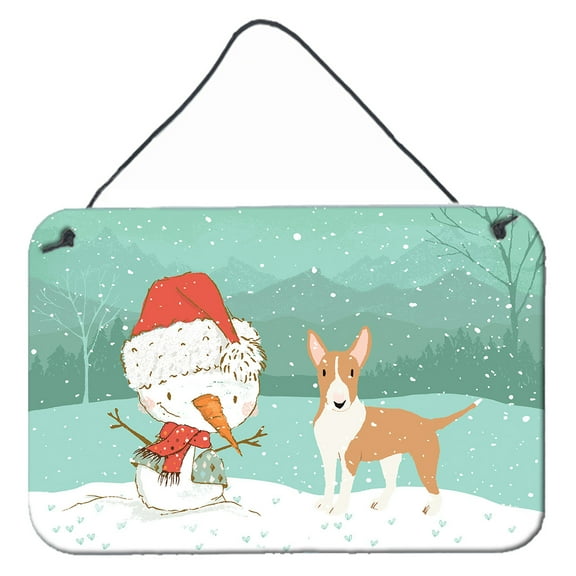 Carolines Treasures CK2056DS812 Fawn Bull Terrier Snowman Christmas Wall or Door Hanging Prints 8x12 multicolor
