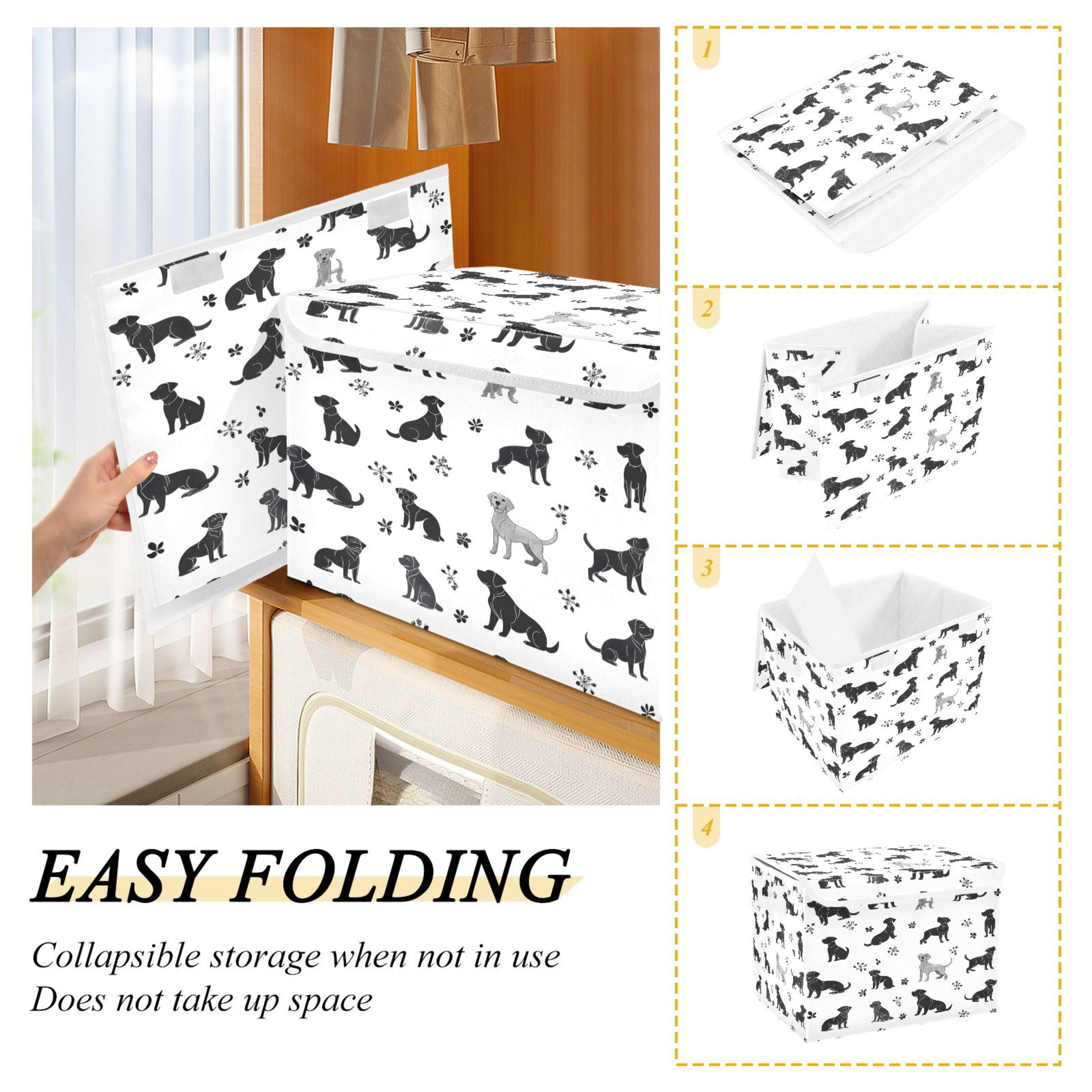 Ryvnso Silhouette Doodle Dogs Large Lidded Foldable Storage Baskets Cubes Boxes Lids Bin for Home