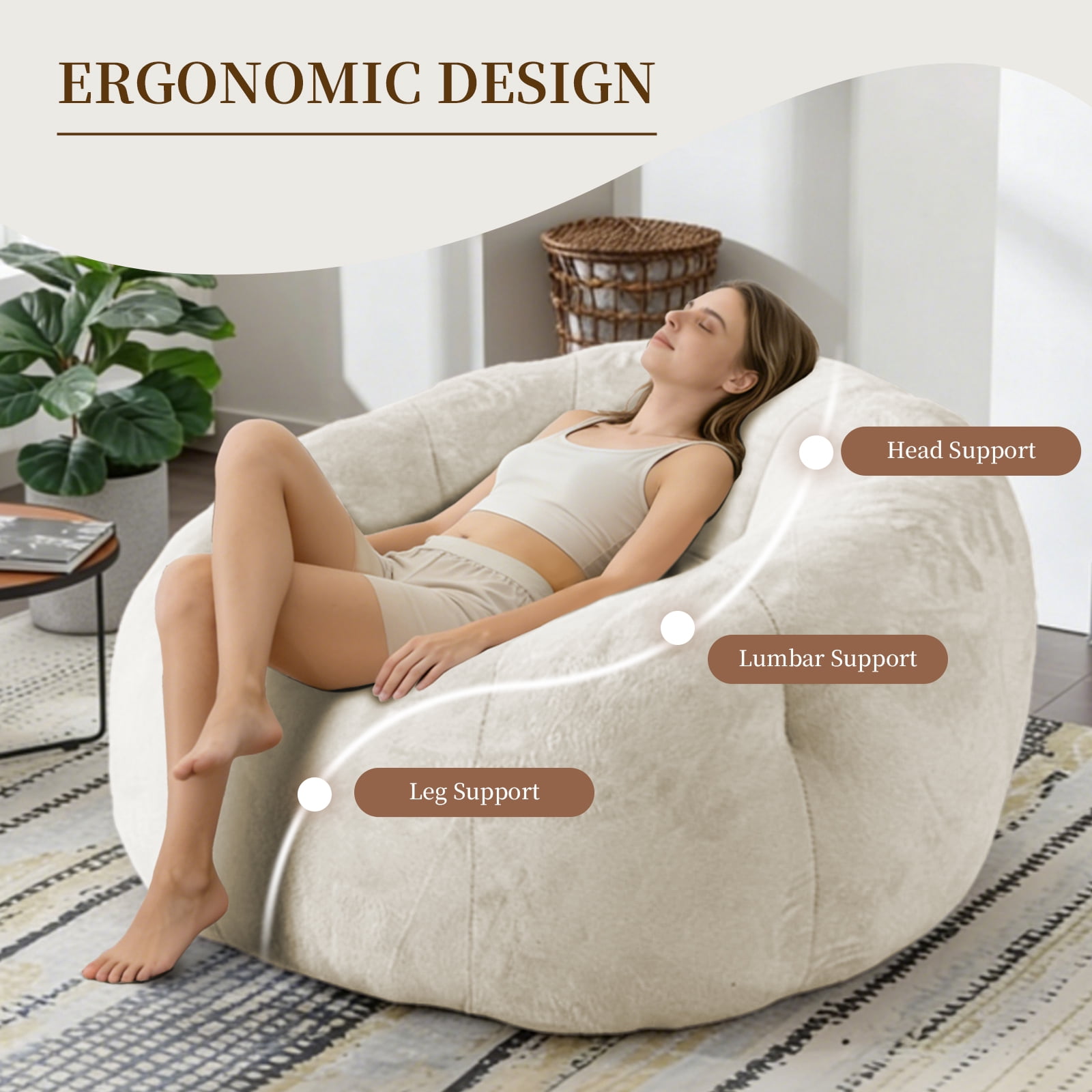 MOONMISS Round Floral Bean Bag Chair Large Soft Body-Contouring Lounger for Living Room Bedroom,Beige