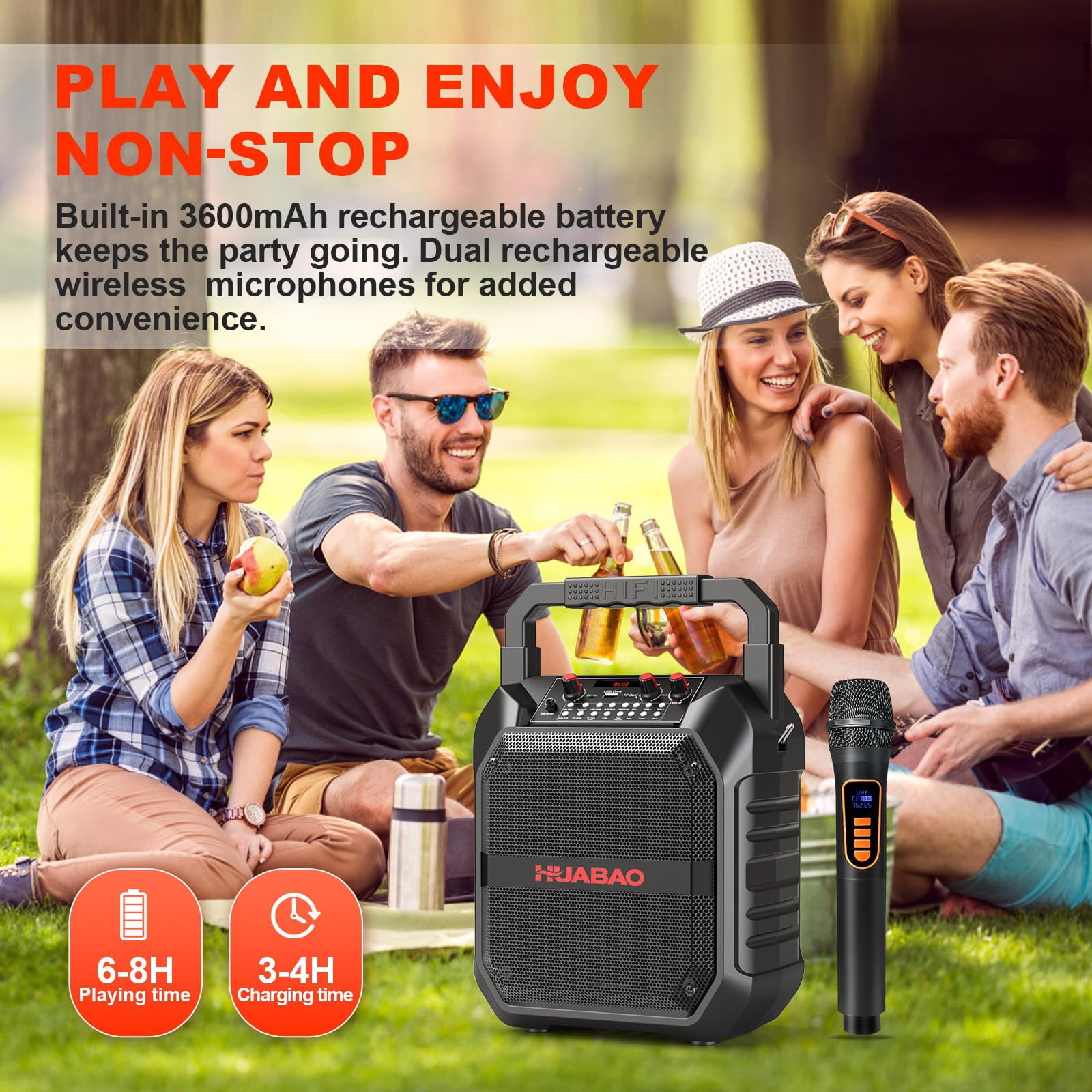 HUABAO Karaoke Machine, Portable Bluetooth Speaker with 1 Wireless Microphone and Remote Control for Home and Outdoor Party