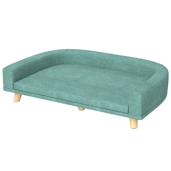 Elevated Pet Sofa Bed with Removable Cushion, Plush Polyester Dog Couch MDF Frame Pine Wood Legs, Stylish Raised Dog Bed for Large Dogs Up to 66lbs Light Green