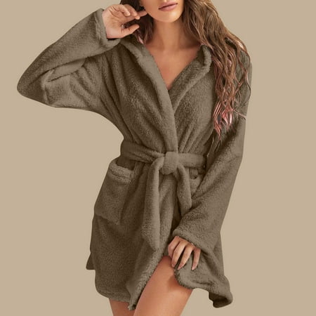 

RYDCOT Winter Pajama Robes for Women Bathrobe Fuzzy Mid Length Bath Robe Belted Solid Color Plush Kimono Robe with Pockets Soft Winter Spa Robes Sale or Clearance