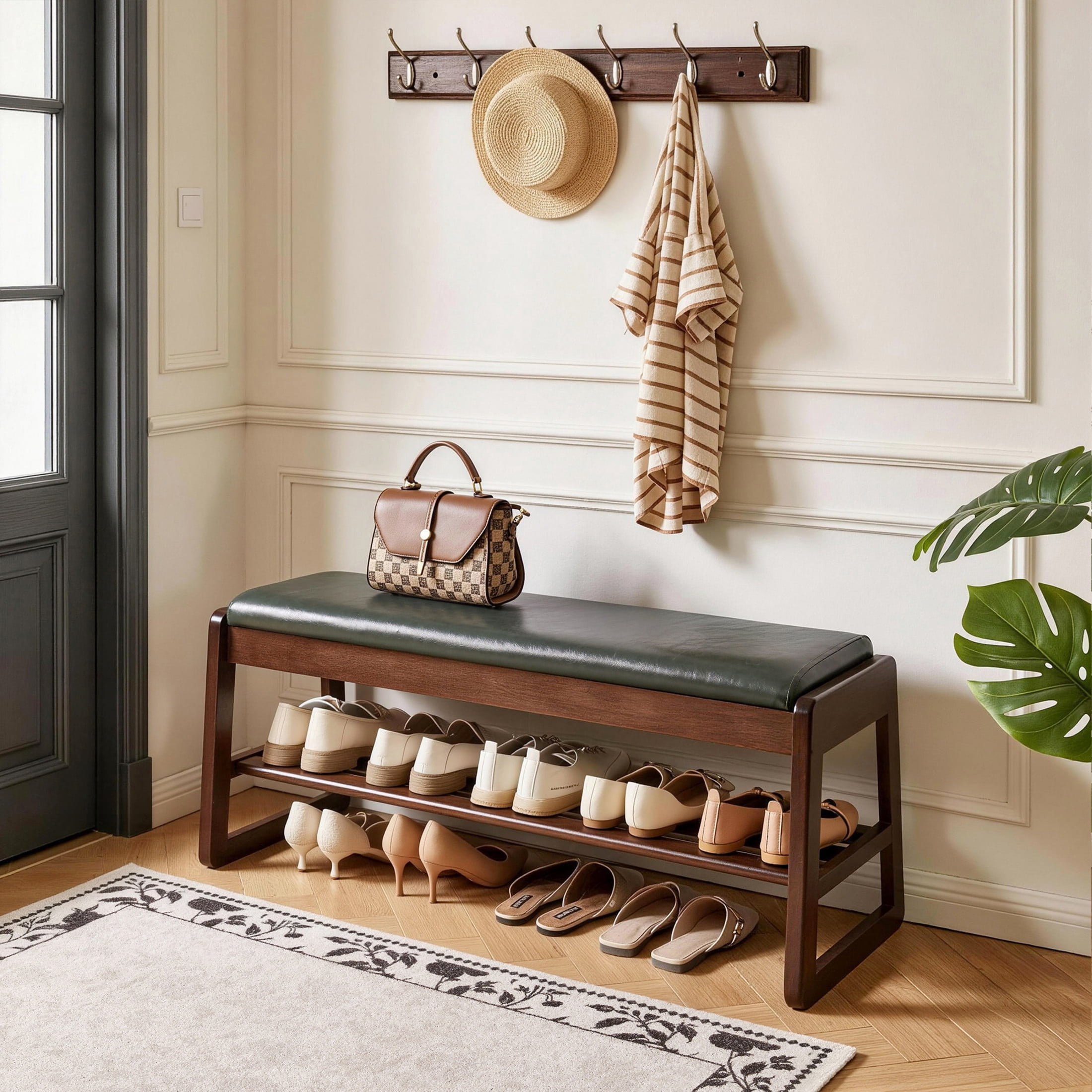 Noble House 39.37" Shoe Storage Bench with Lift-Top Seat, Upholstered Bench with Shoe Shelves, Green