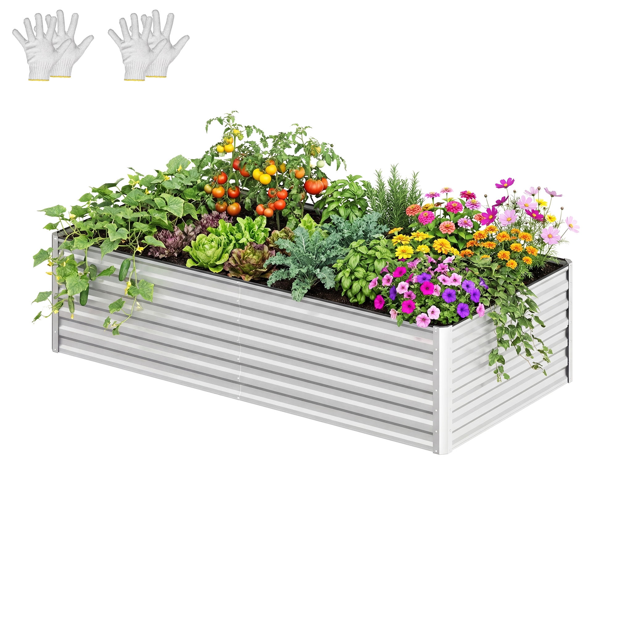 Uforic 6x3x2 ft Galvanized Raised Garden Bed Kit, Silver Metal Planter Box with Gloves, Ground Nails & Support Rod, Outdoor Above Ground Planter for Vegetables, Flowers, Plants