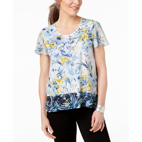 Jm Collection Womens Embellished Flutter Sleeve Top Size L