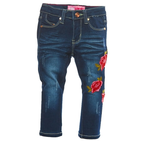 Denim - Girls Kids Casual Rose Embroidery Patch Wash Denim Jeans 17-83543T-2T-Dark Denim