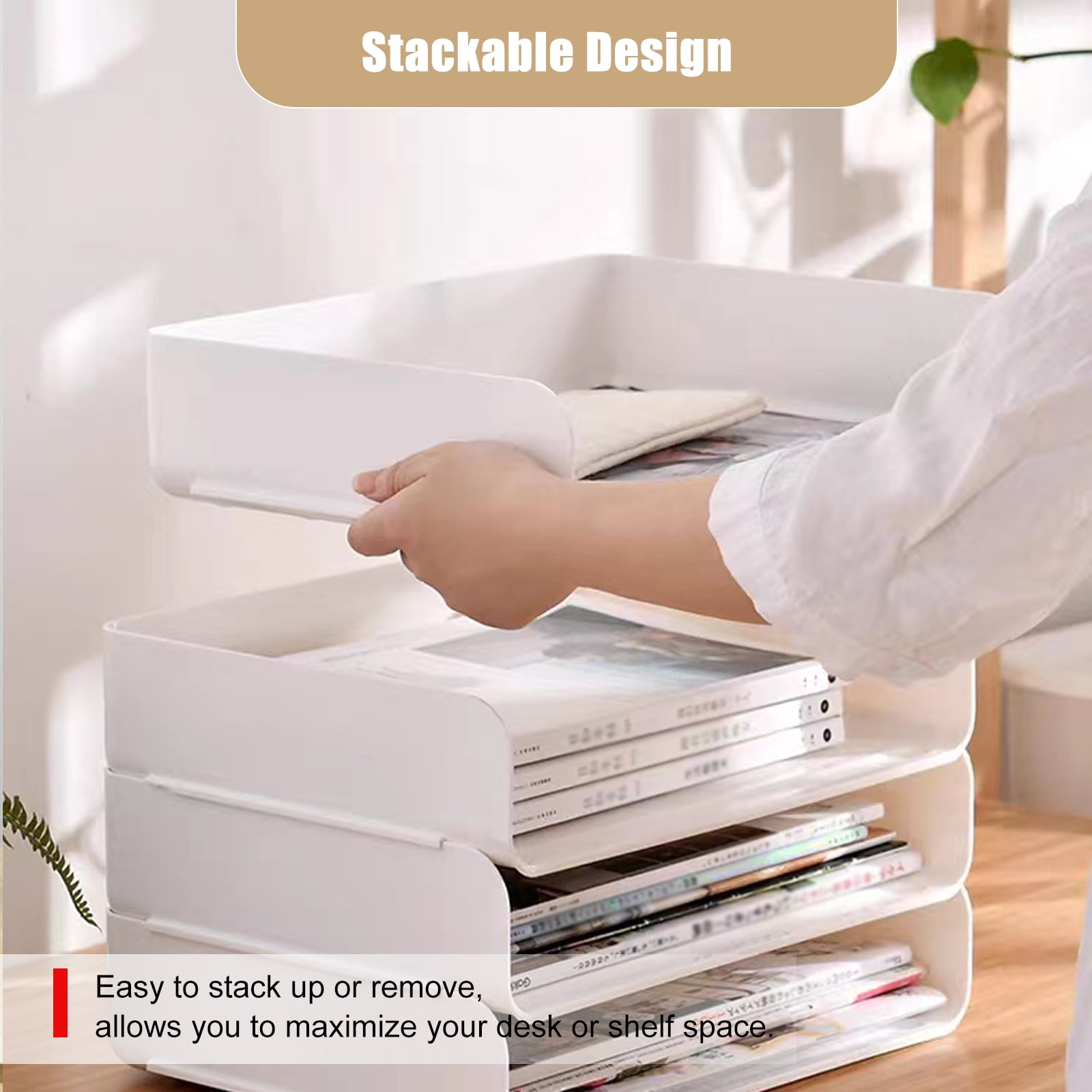 Stackable Paper Trays 4 Pack, Desk Letter Tray Set with 4 File Bags, Stackable Desk Organizer for Books, Magazines, Folders, A4 Size File Paper, Notes, Pens (White)