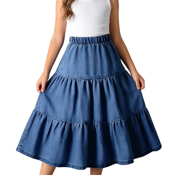 TIREOW Girls Denim Long Skirts Trendy Casual Tiered Solid Color Elastic High Waisted Versatile Everyday A-Line Jean Skirt