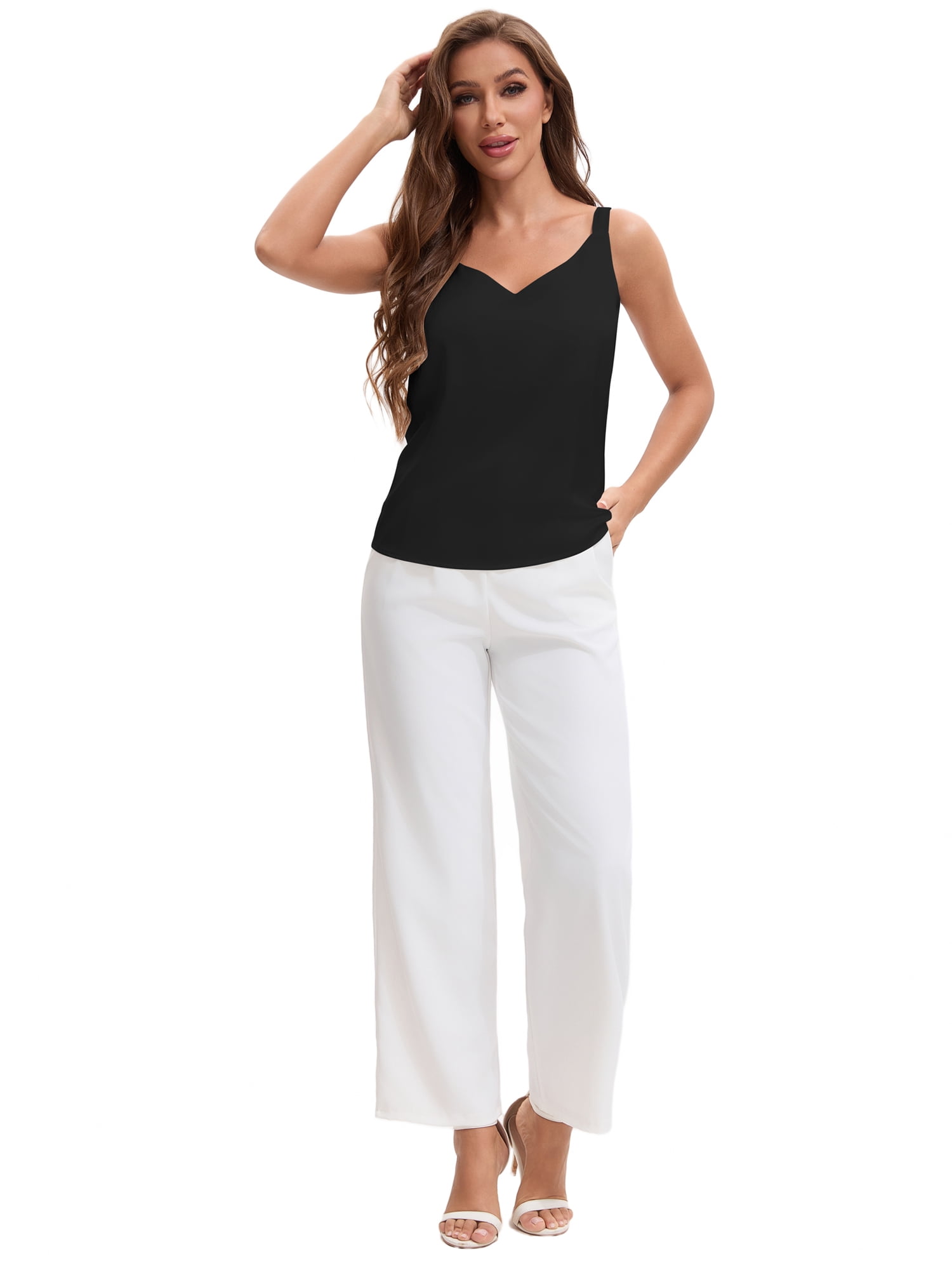 Unique Bargains Women's V Neck Wide Strap Loose Fit Camisoles S Black Y2