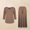 thumbnail image 2 of Feancey Pjs Set for Women 3/4 Sleeve V Neck Top and Wide Leg Pants 2 Piece Pajama Sets Solid Color Casual Sleepwear Two Piece Loungewear Outfits Lighten Brown S, 2 of 4
