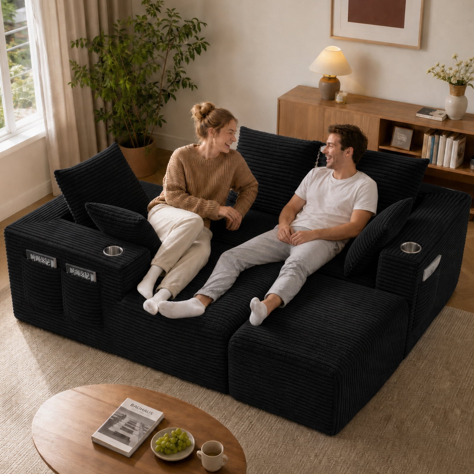 95'' 4 Seater Boneless L Shape Modular Sofa Couch with 4 Pillows, 2 Cup Holders and Ottoman