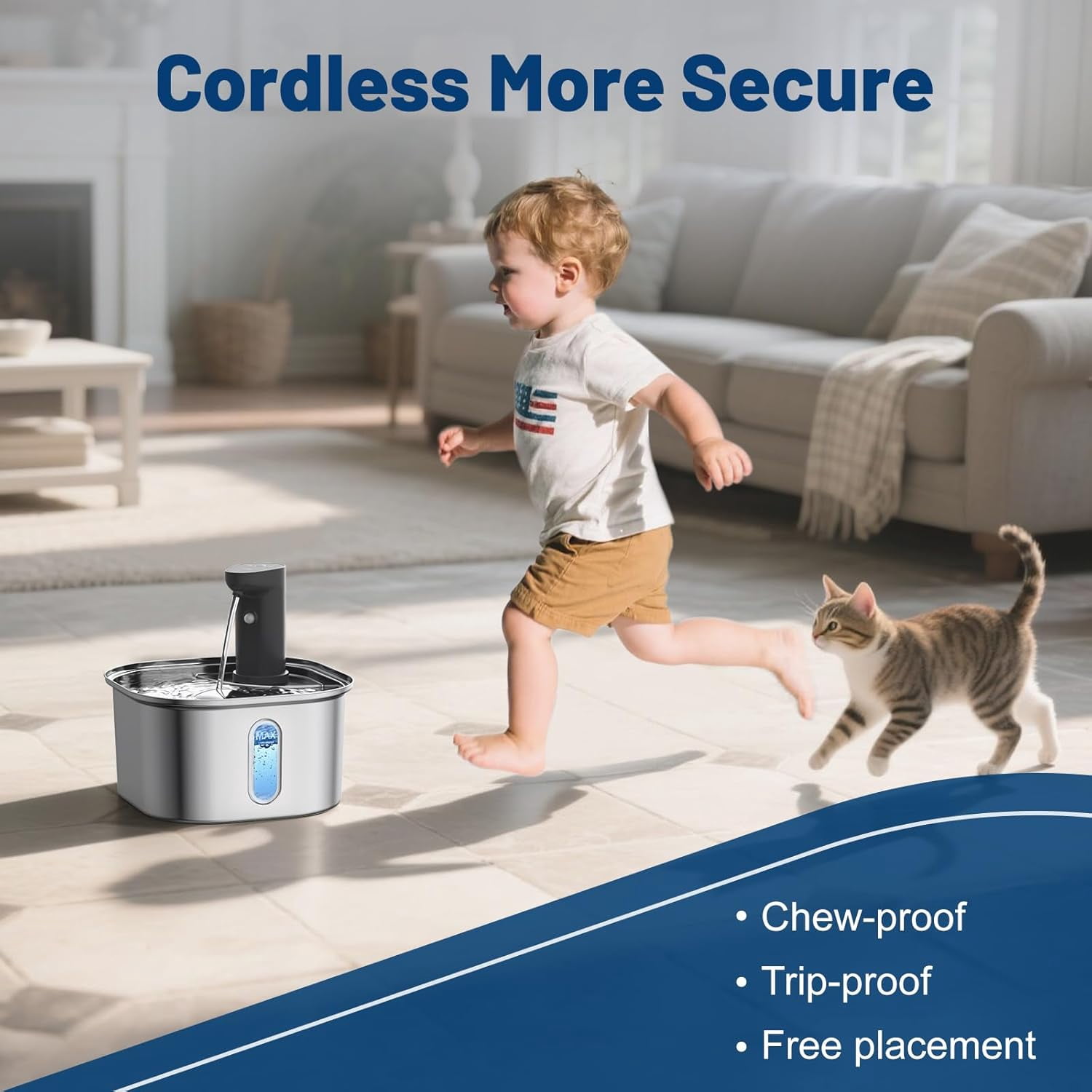 Stainless Steel Cat Water Fountain Cordless, 3.2L 108oz 5000mah Rechargeable Battery Operated Cat Water Fountain with Auto Shut-Off Pump Motion Sensor Pet Water Dispenser for Cats Indoor Outdoor