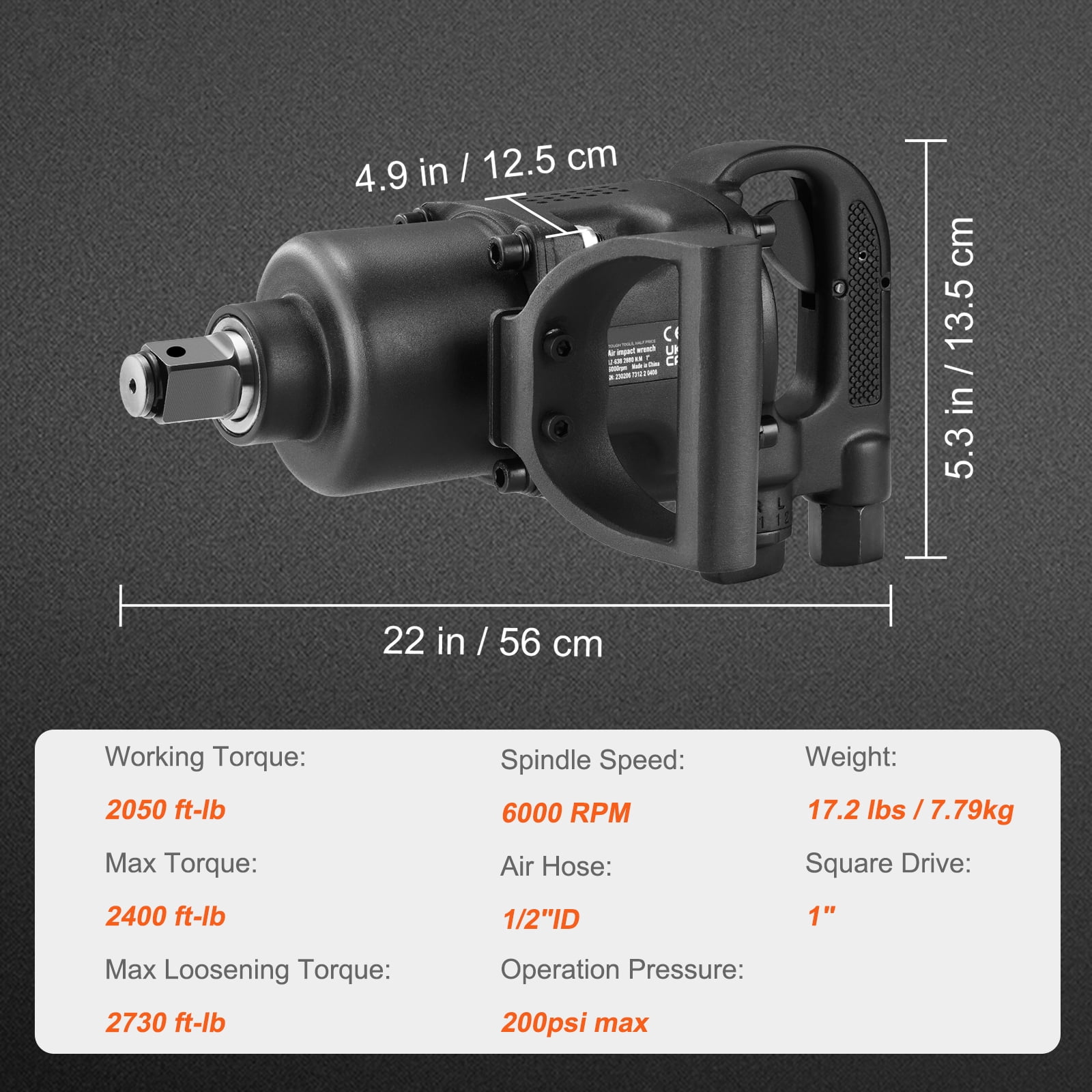 VEVOR 1 Inch Air Impact Wrench, Up to 2730 ft-lbs Reverse Torque Output 1" Pneumatic Impact Gun Lightweight w/ 2 Handles for Heavy Duty Repairs and Maintenance
