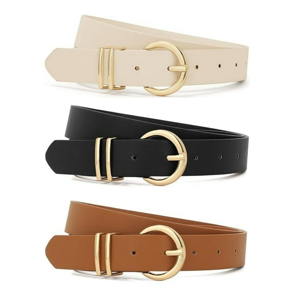 3-Pack Women's Belts for Pants & Dresses - Leather Waist Belts with Gold Buckles (Black, Brown, Beige) - Comfort Fit Non Slip Dress Belts for Casual & Evening Wear