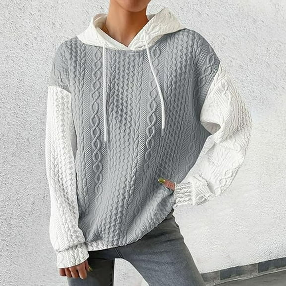 EchfiProm Knit Sweatshirts Women Fall Gray Pullover Hooded Drawstring Long Sleeve Colorblock Comfort Hoodie