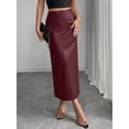 thumbnail image 4 of Burgundy Faux Leather High Waist Pencil Skirt Mid-Length Dressy Casual With Slit, 4 of 5