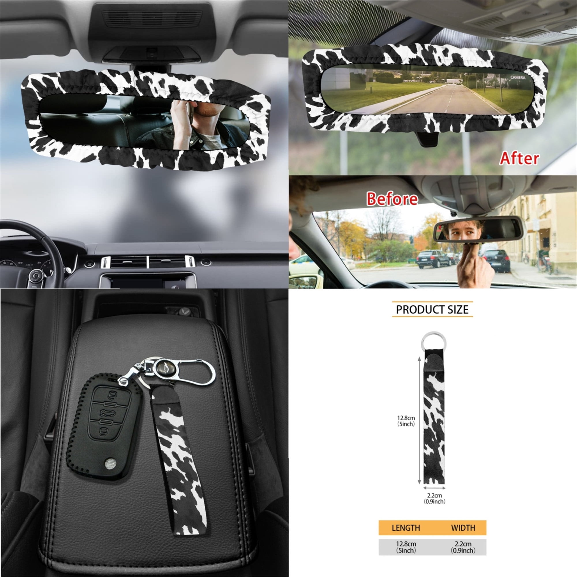 Yuyamidu Cow Print Car Seat Cover for SUV Truck Sedan Steering Wheel Cover Seat Belt Strap Pad Trash Bag Hanging Air Vent Storage Bag Rearview Mirror Accessory Cup Holder Key Chain 15 Pieces