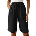 thumbnail image 5 of Yourumao Bermuda Shorts for Women Drawstring Elastic Waist Knee Length Shorts Lightweight Solid Spilt Hem Pants Summer Beach Shorts with Pocket, 5 of 7