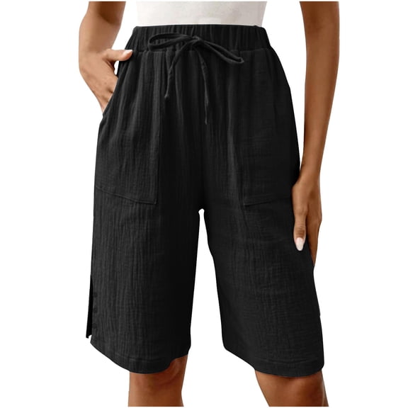 Yievot Bermuda Shorts for Women Cotton Loose Casual Drawstring Elastic High Waisted Shorts with Pockets Summer Beach Outfits