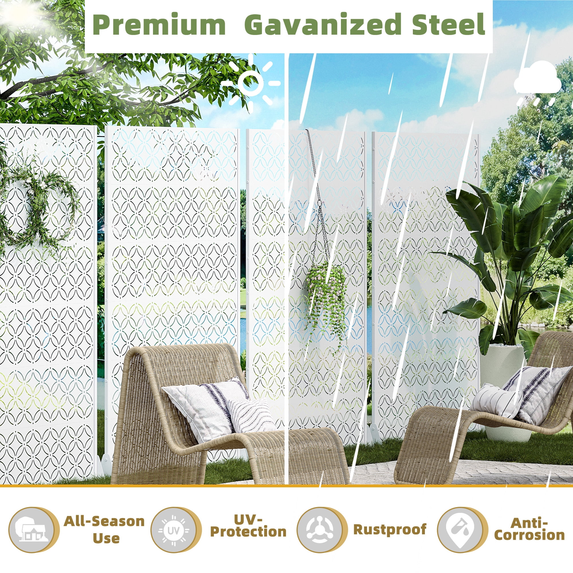 MAYEERTY 72*47" Outdoor White Metal Privacy Panel Screen for Patio, Coin Pattern