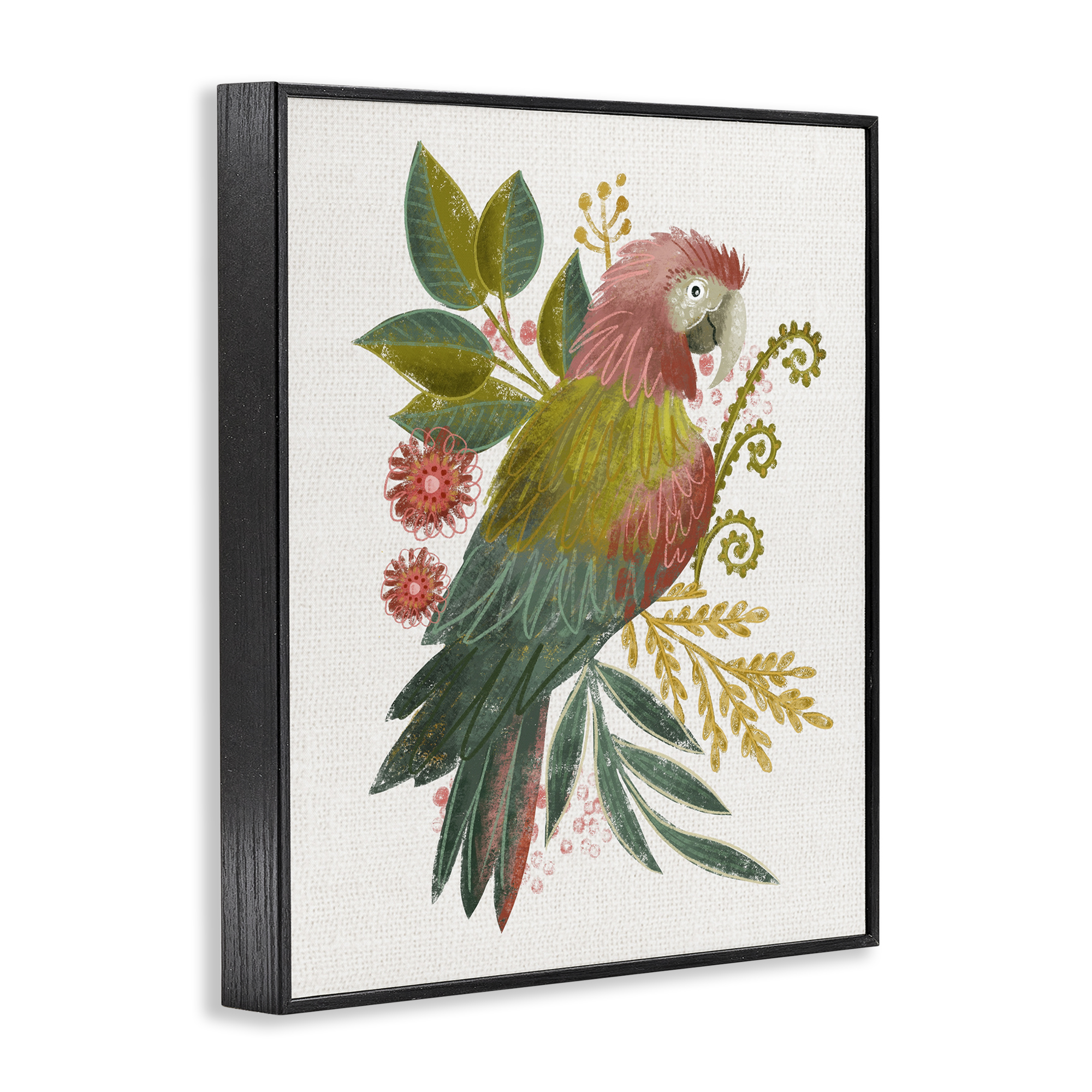 Stupell Industries Parrot with Eclectic Leaves Animals & Insects Painting Black Framed Art Print Wall Art, 24 x 30