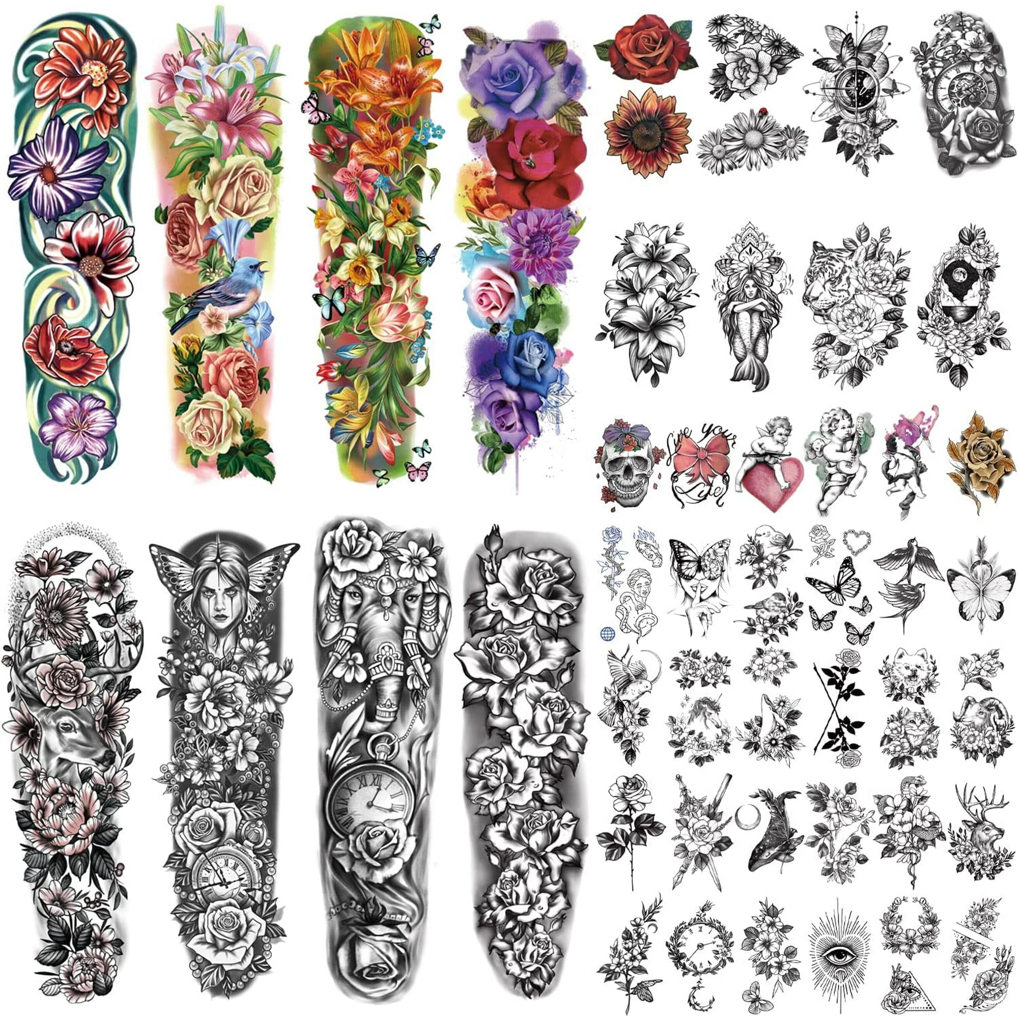 46 Sheets Extra Size Full Arm Temporary Tattoo Men Skull Wolf Angel Floral Butterfly Half Arm Shoulder Semi Permanent Tattoo For Women Fake Tattoos That Look Real And Last Long Temp Tattoos