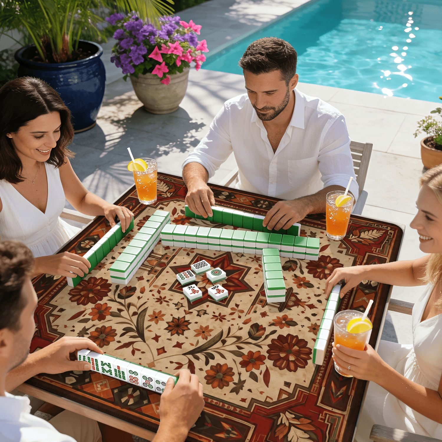 Mahjong Mat 31.5" x 31.5" Ornamental Geometric Floral Red Orange Brown Accents Beige Non-Slip Noise Reduction American Mahjong Tiles Table Cover for Dominoes Poker Card Board Games Gift