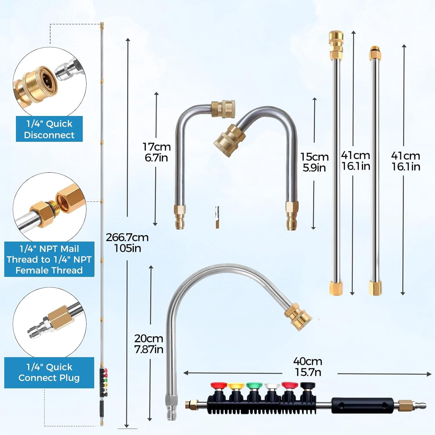 Pressure Washer Extension Wand for Gutter Cleaning, 120 Inch Telescoping Wand with 6 Spray Nozzle Tips, 3 Curved Rod Attachments, 1/4 Quick Connect, 4000 PSI（7Pcs）