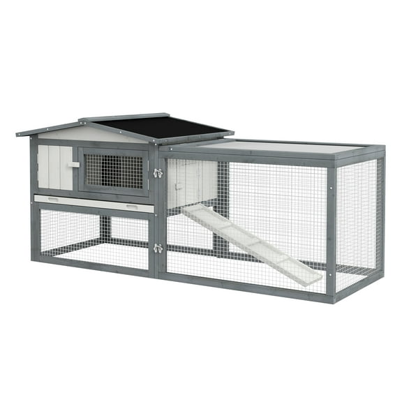 Rabbit Hutch Outdoor 2-Tier 61" L, Wooden Rabbit Cage with Run, Guinea Pig Hutch with Removable Tray, Ramp & Asphalt Roof for 1-2 Rabbits, White