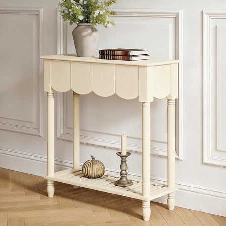 Wood Scalloped Entryway Table Console Table with Storage Shelf | 2 PCS Drawers Modern Hallway Accent Table White Sofa Table Behind Couch for Living Room Entrance Foyer 23.6