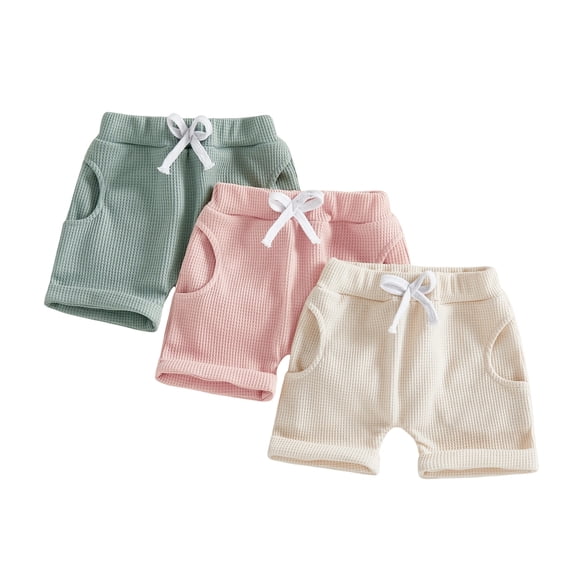 Huowey 3 Packs Girls Knit Shorts Solid Color Drawstring Elastic Waist Casual Summer Breathable Short Trousers With Pockets Fashionable Outfit Trunks Dailywear,C,0-6 Months