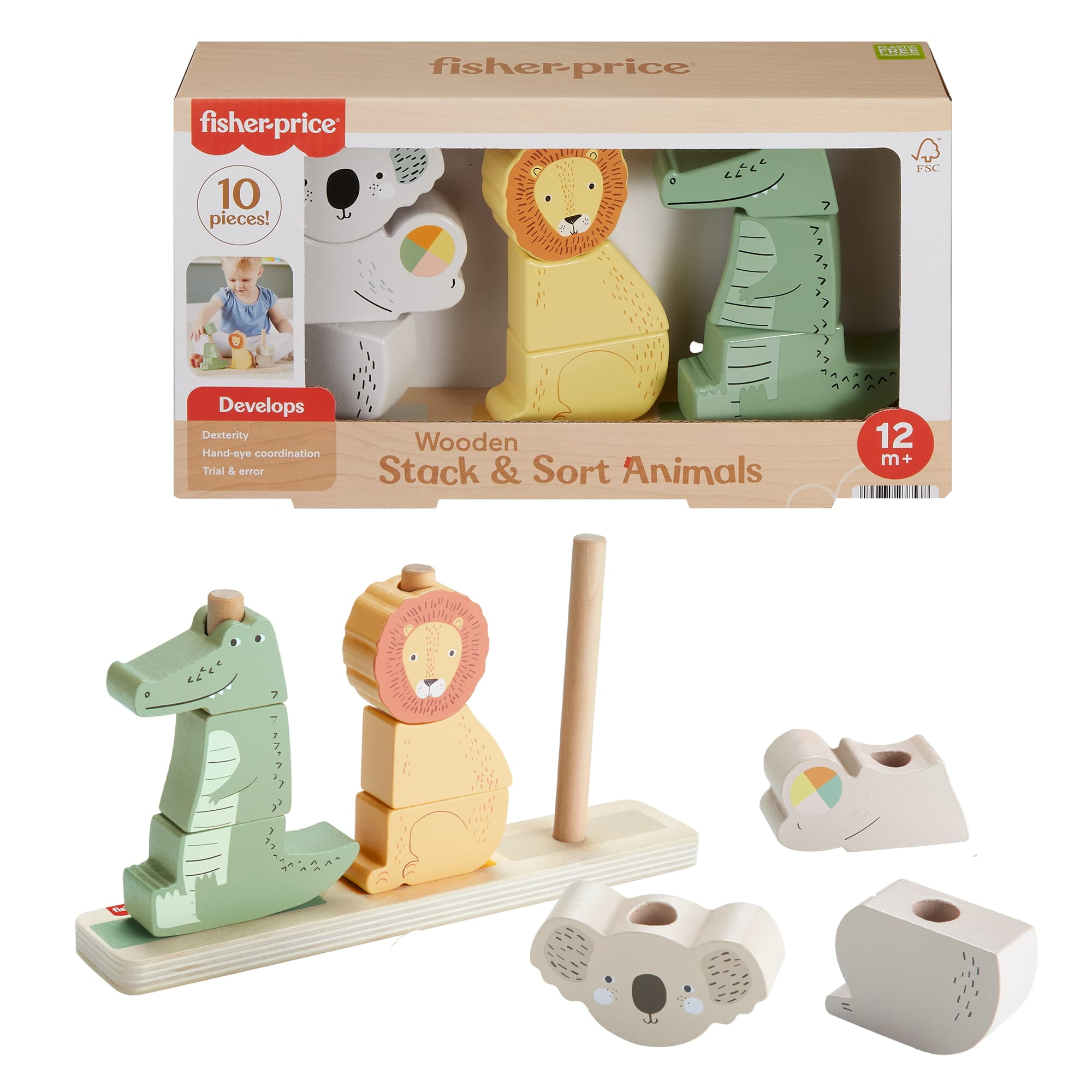 Fisher-Price Wooden Stack & Sort Animals Stacking Toy for
