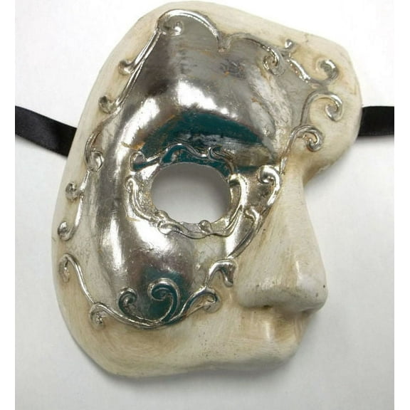 White Silver Foil Phantom of The Opera Costume Masquerade Mardi Gras Party Mask