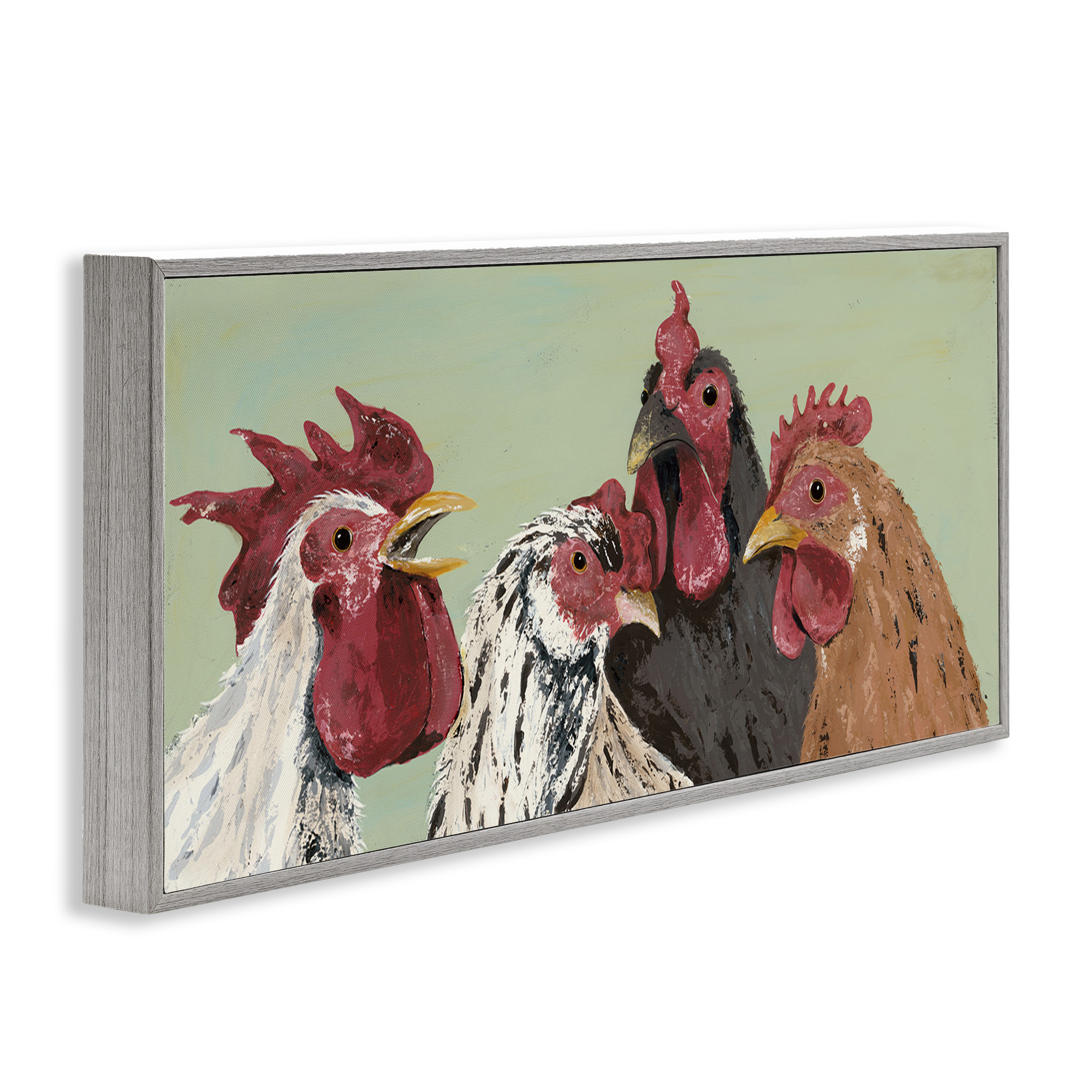 Stupell Industries Four Roosters over Green Animals & Insects Painting Gray Framed Art Print Wall Art, 30 x 13