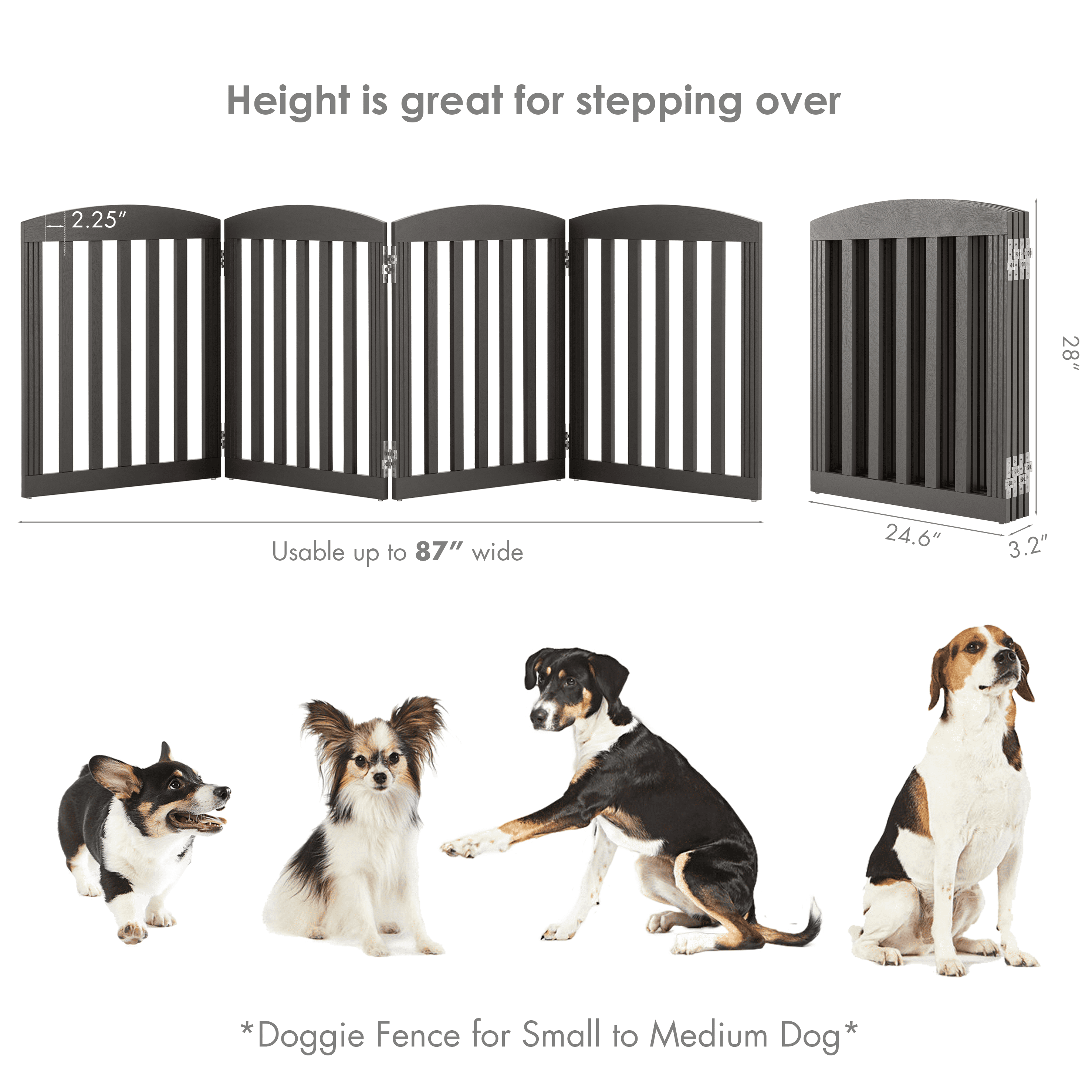 STAROUS 96" Extra Wide 28" Tall Foldable Dog Gates, Wooden Freestanding Pet Gate Indoor, Step Over Puppy Fence, 4 Panels, Grey