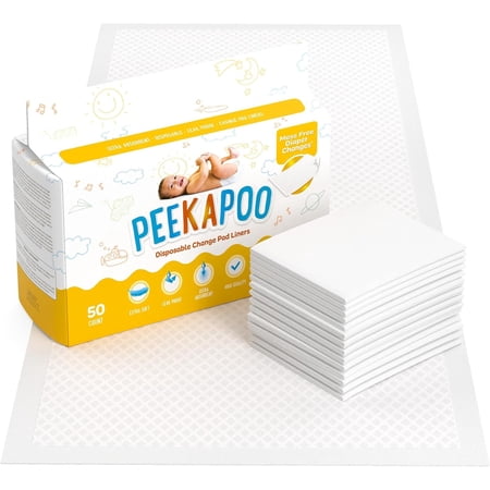 Peekapoo - Disposable Changing Pad Liners (50 Pack) Super Soft, Ultra Absorbent & Waterproof - Covers Any Surface for Mess Free Baby Diaper Changes 23. Inch (Pack of 50)