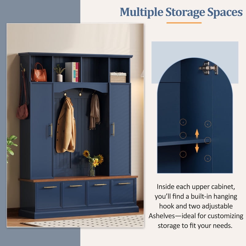 76.7''H Tall Hall Tree with Golden Hooks & Handles, Entryway Large Shoe Storage Bench with Cabinets & Adjustable Shelves