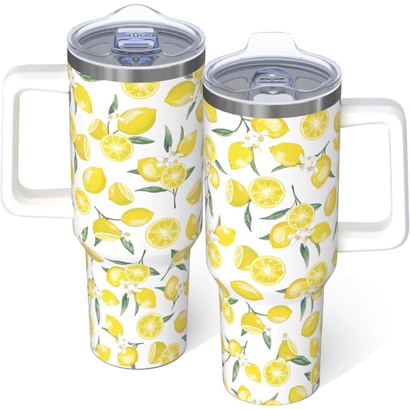40oz Lemon Tumbler With handle, Stainless Steel Leak Proof Travel Coffee Mug Cup Water Bottle Tumbler With Lid and Straw, Lemon Gifts for Women Birthday Christmas Mothers Day