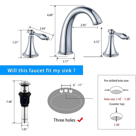 Chrome Bathroom Sink Faucet, Brass Bathroom Faucet, Widespread Bathroom Faucet for Sink 3 Hole, 2 Handles with Water Supply Lines and Pop-up Drain