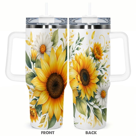 Sunflower Daisy Floral 40oz Car Tumbler Insulated Travel Cup with Handle and Straw Stainless Steel Vacuum Coffee Cup Gift for Women